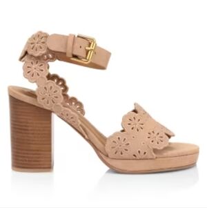 New See By Chloe Laser-Cut Floral Kristy Heeled Sandals in Tan, Size 37